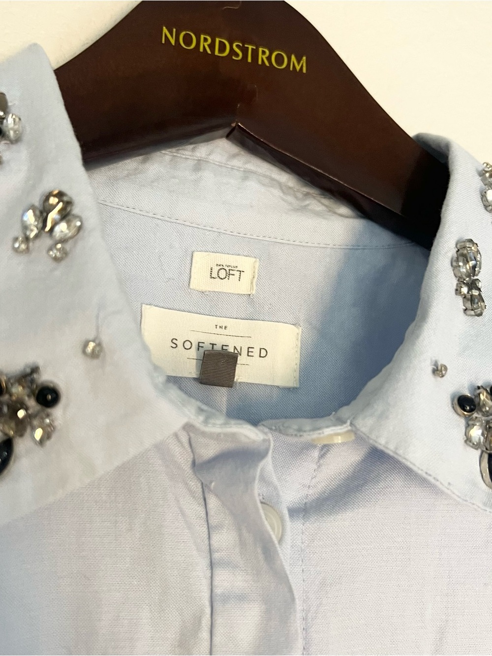 Loft Light Blue Button Up Shirt Embellished Collar, Women's Size M Cotton